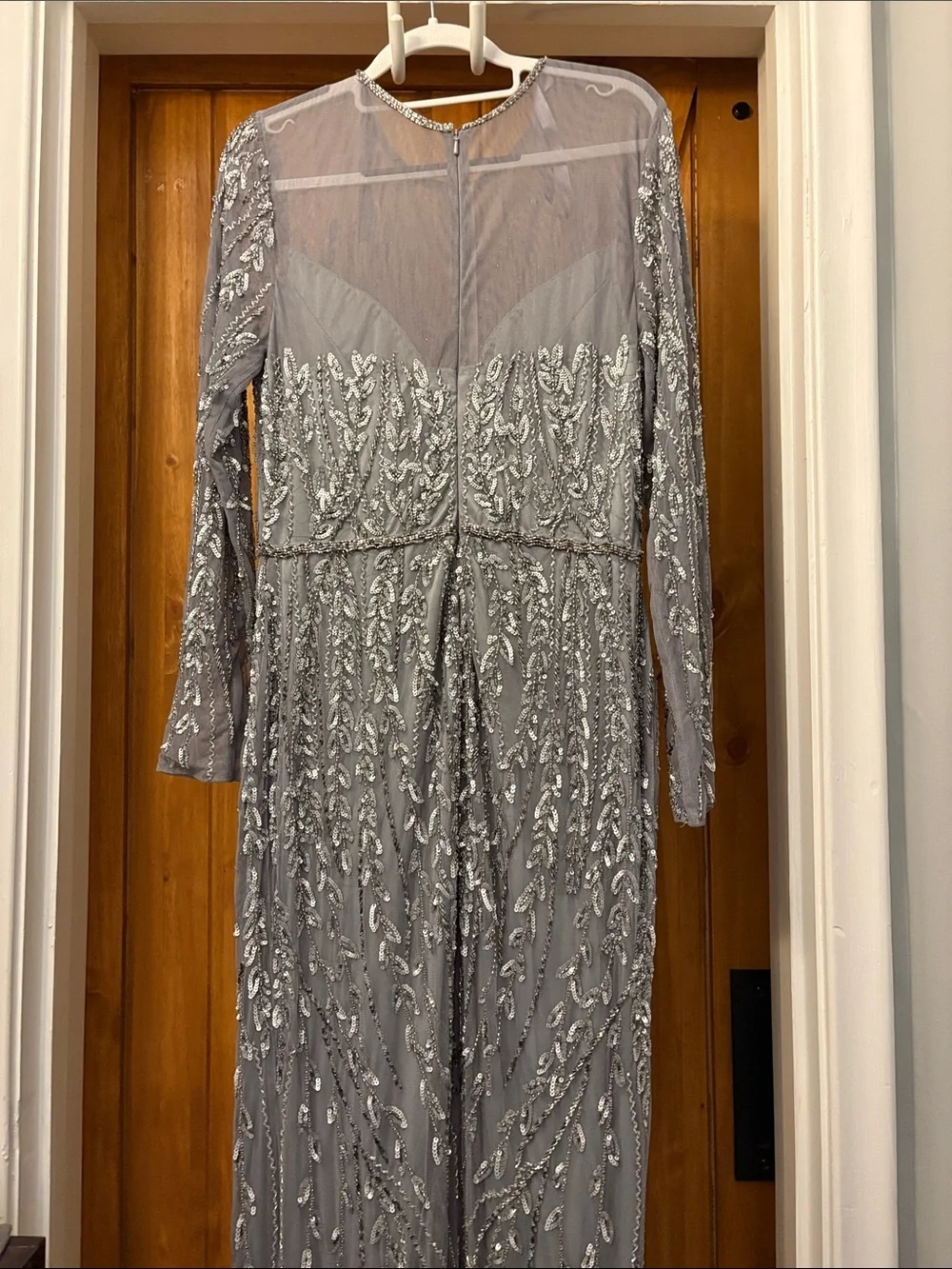 Mac Duggal Platinum Embellished Illusion High Neck Long Sleeve Gown Size 10 - Picture 8 of 9